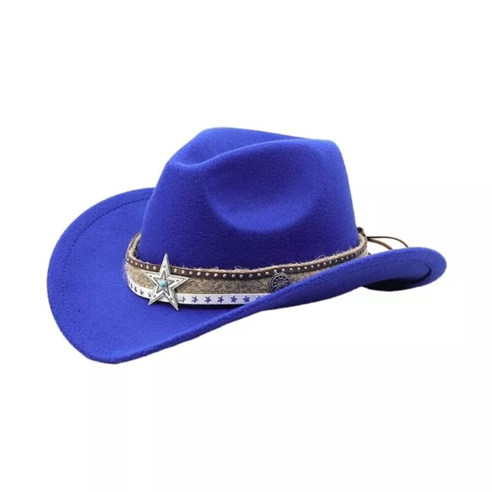 Blue Western Cowboy, Cowgirl Hat, Lone Star‎ Strap, Men Women Retro Wide Brim